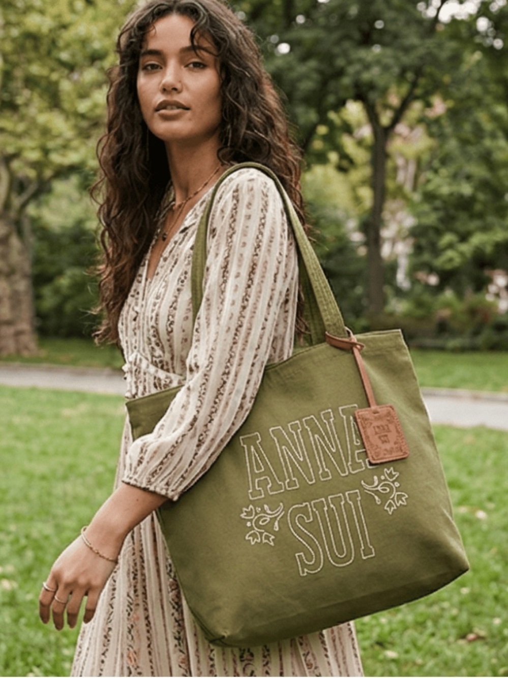 Anna Sui x Old Navy Avocado Green Canvas Tote with Leather Logo Tag